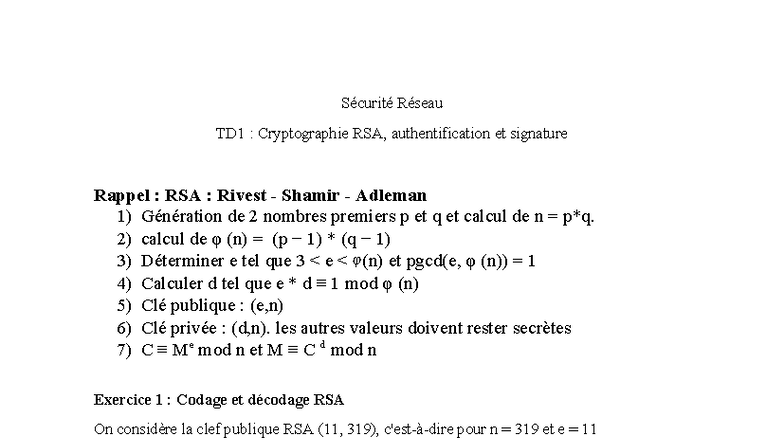 TD1 : Cryptographie RSA, Authentification et Signature - Studocu