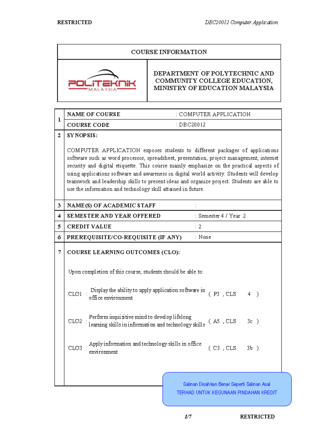 DBC20012 Computer Application Course Overview and Learning Outcomes ...