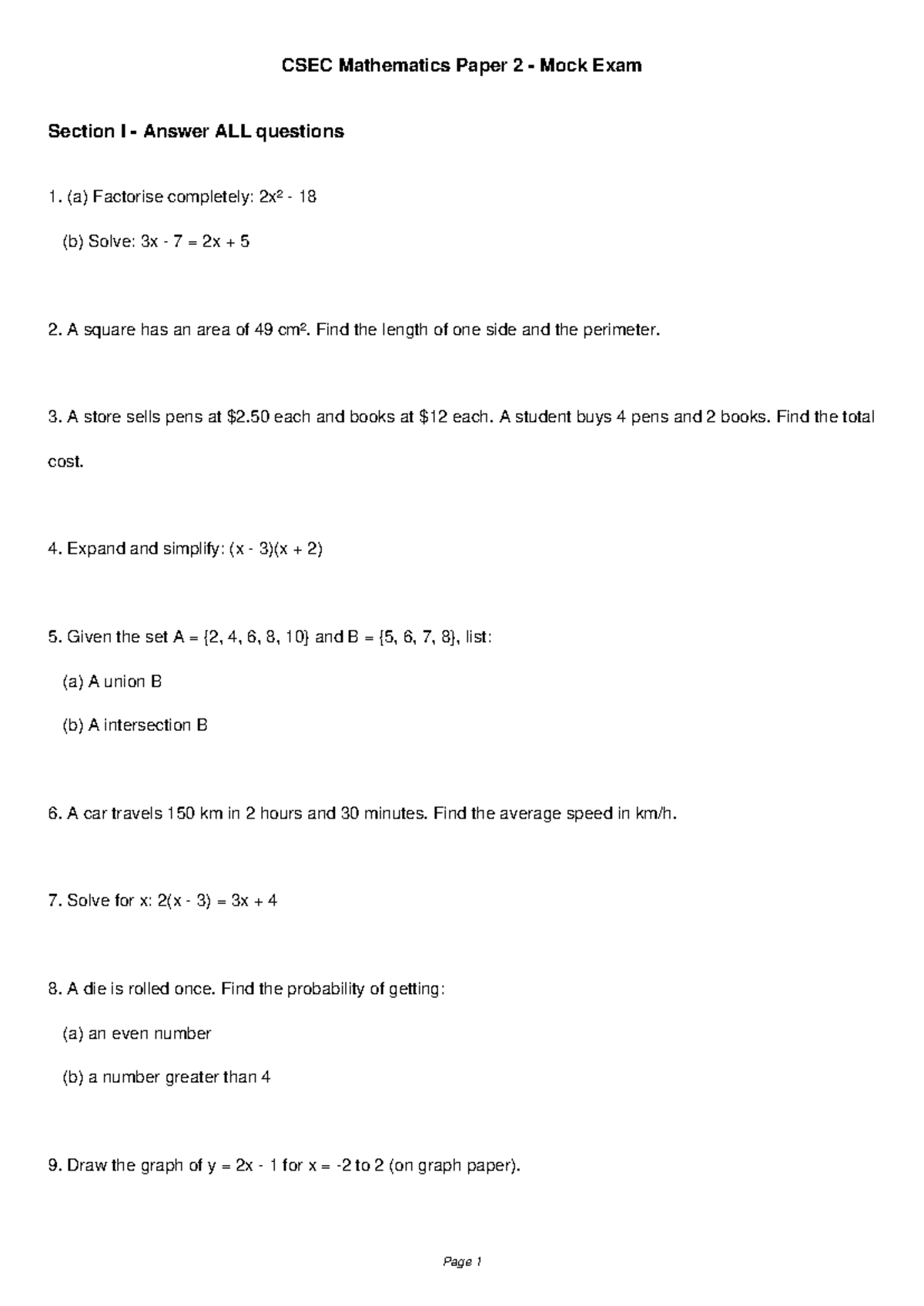 CSEC Math Paper 2 Mock Exam - Complete Solutions and Answers - Studocu