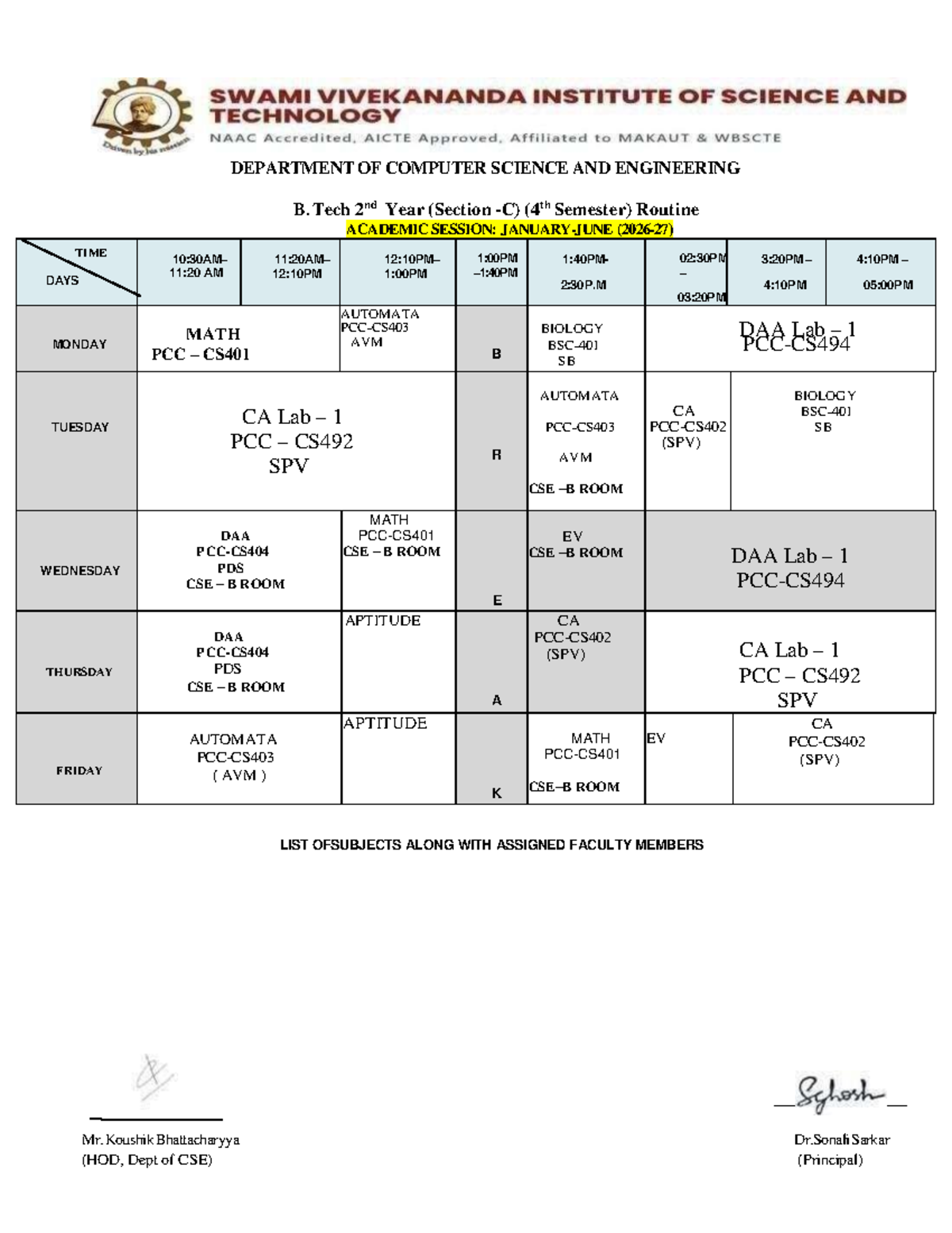 B. Tech 2nd Year (4th Sem) CSE Routine - Academic Session 2023 - Studocu