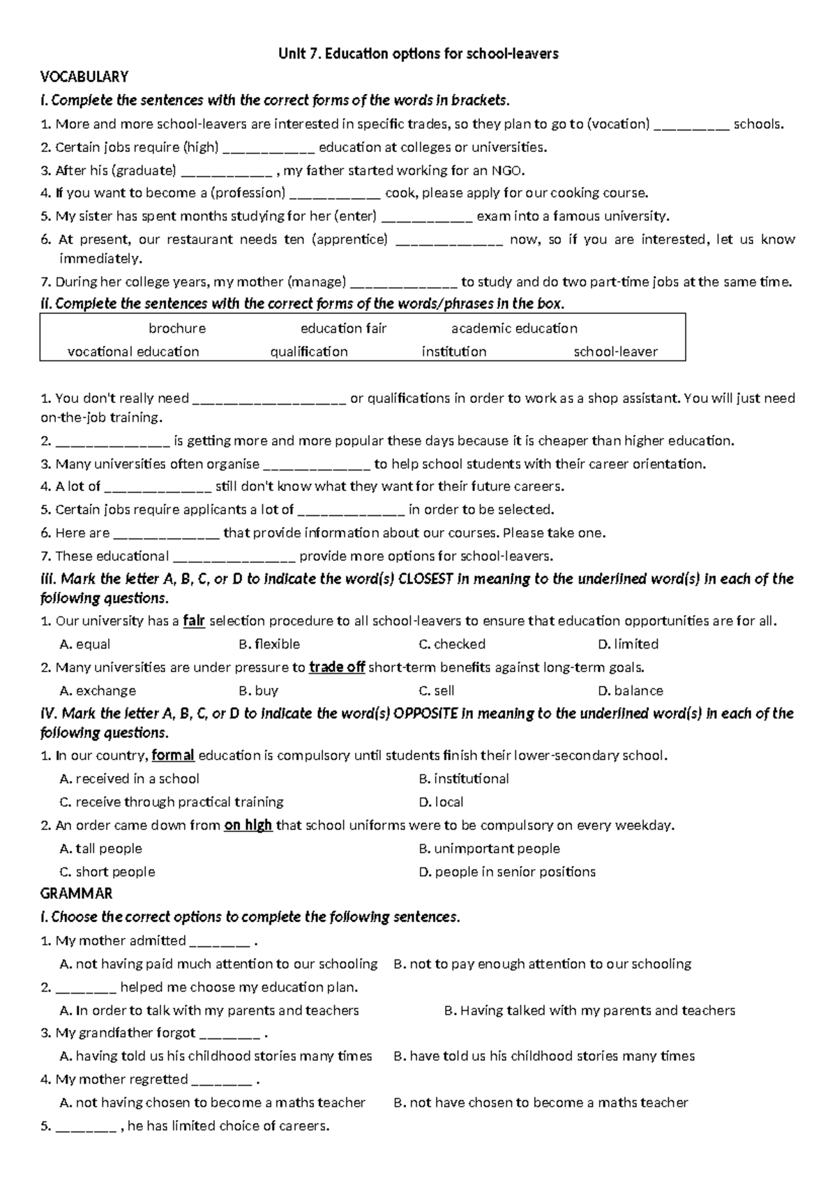 Unit 7: Education Options and Vocabulary Exercises for HS - Studocu
