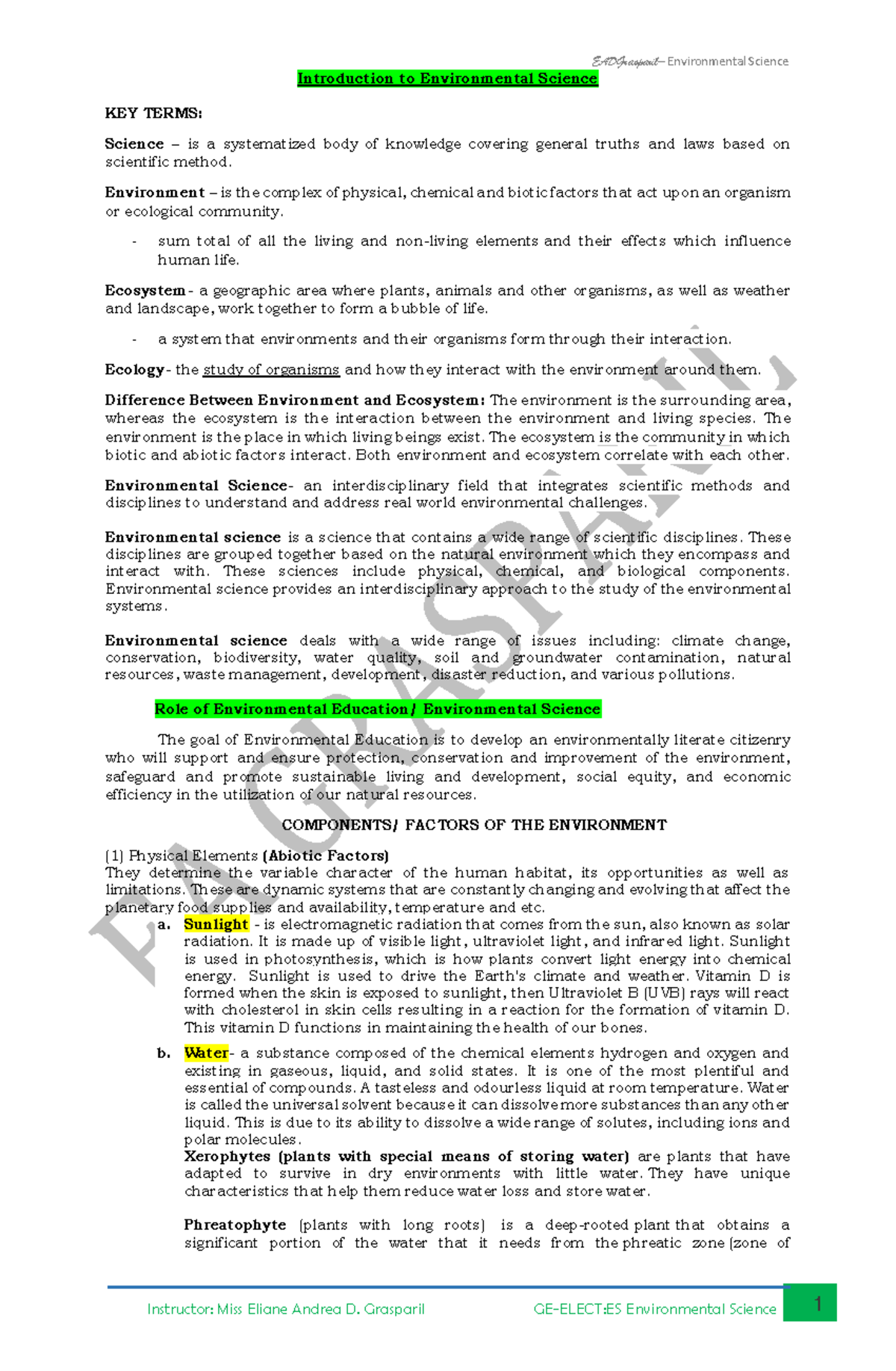 Environmental Science 1: Key Terms and Principles Overview - Studocu