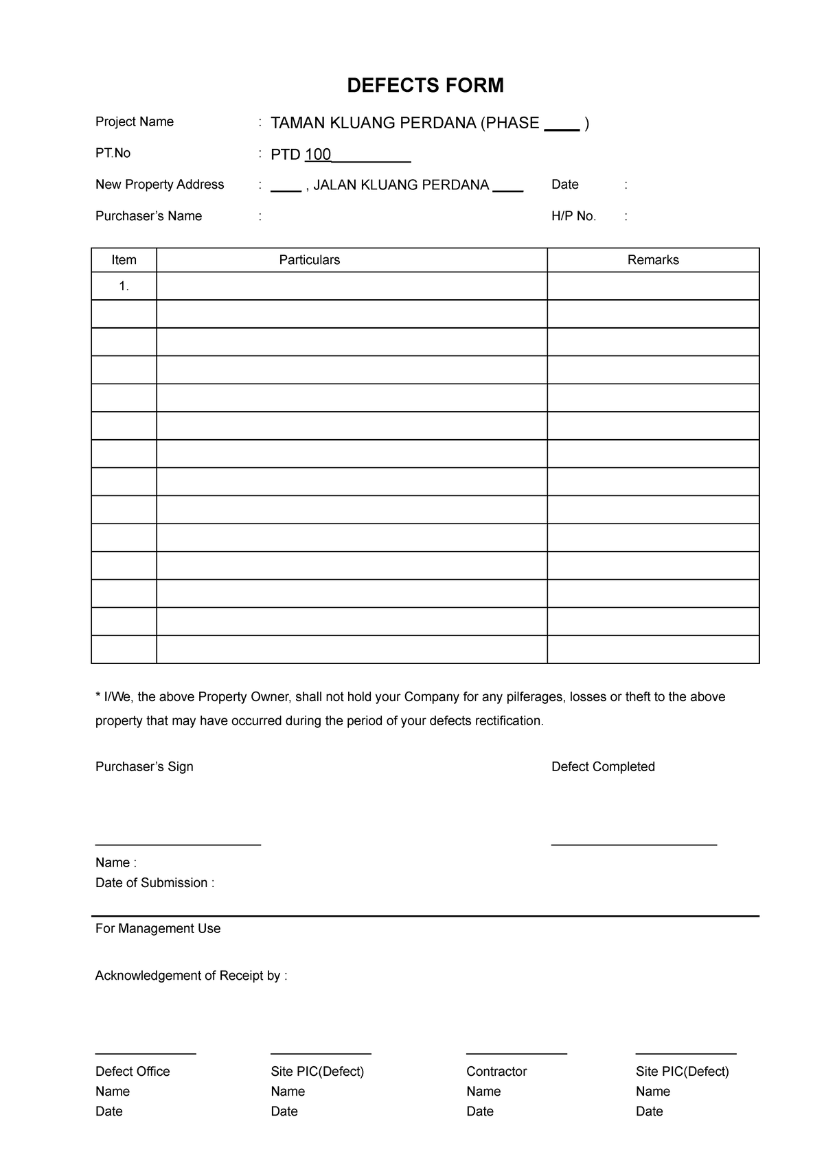Defect Form (Blank) - Technical and Vocational Education and Training ...