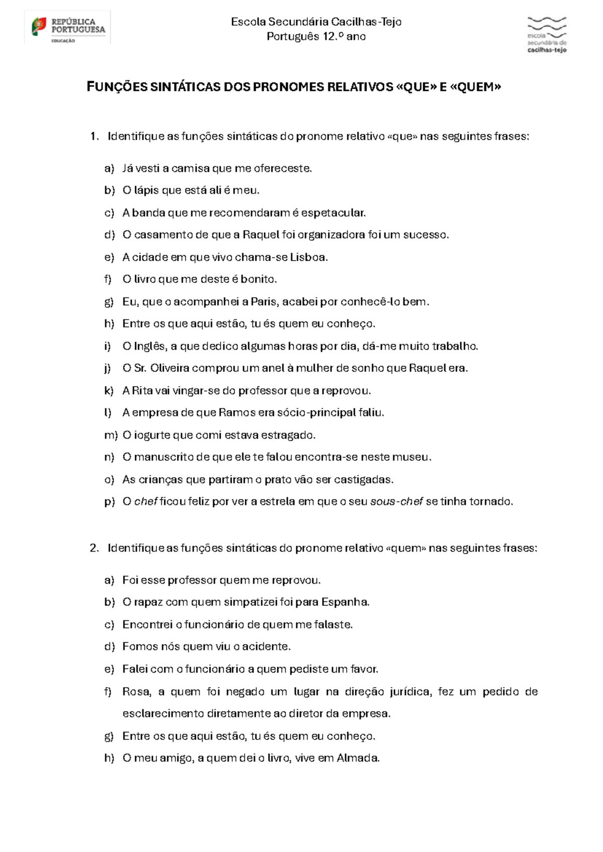 Funções Sintáticas dos Pronomes Relativos - Português 12.º ano - Studocu