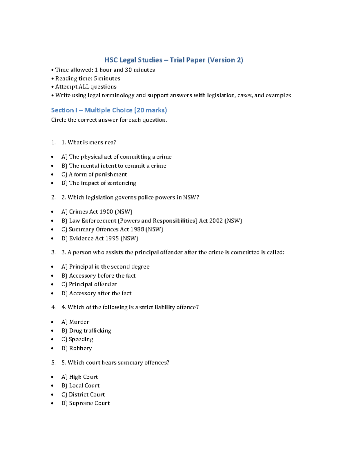 HSC Legal Studies Trial Paper (Version 2) - Updated Edition - Studocu
