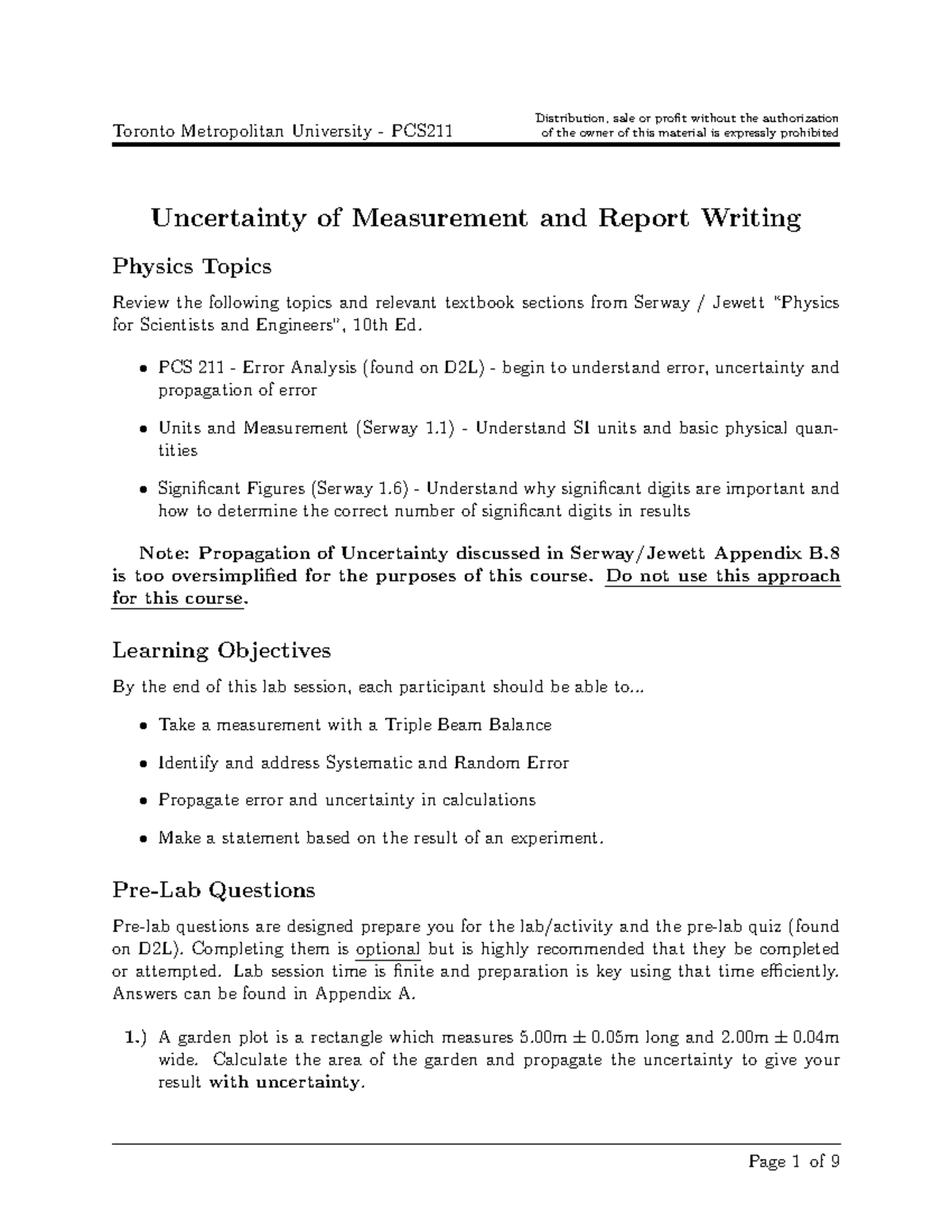 Lab 1: Uncertainty in Measurement and Error Analysis - PCS 211 - Studocu