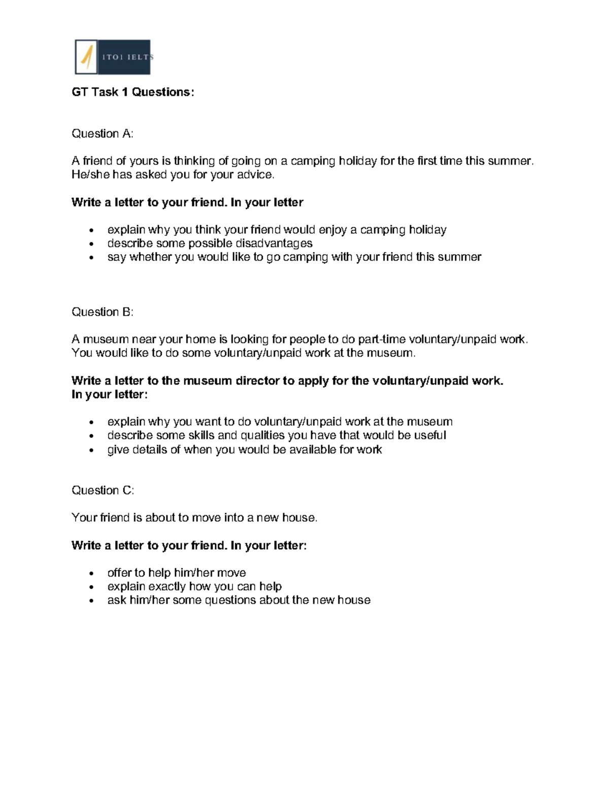 GT Task 1: Letter Writing Practice Questions for Students - Studocu