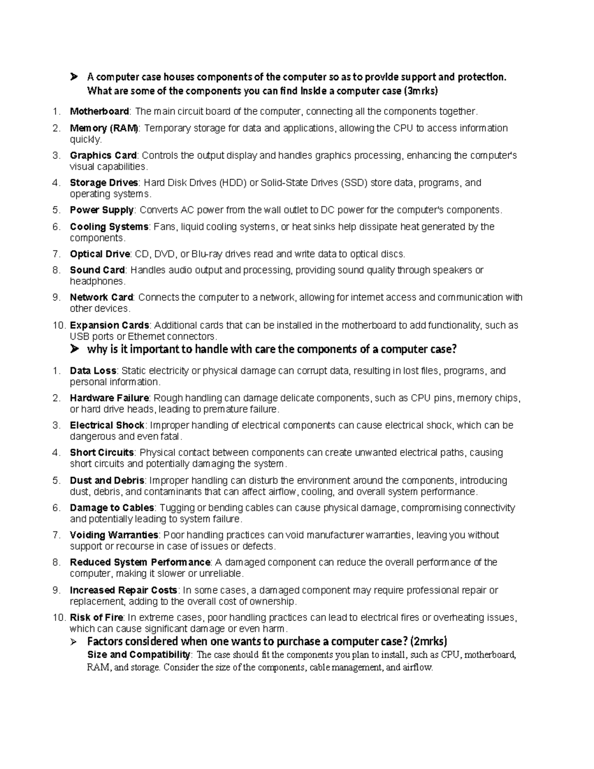 CS - Summary of Computer Case Components and Handling Importance - Studocu