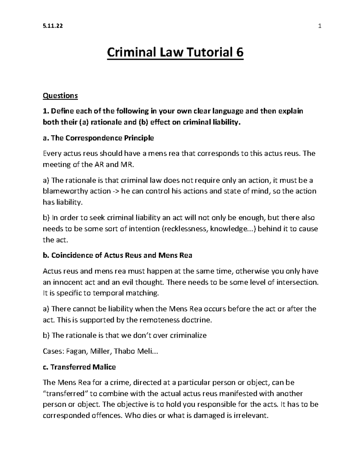 Criminal Law Tutorial 6: Key Concepts of Liability and Cases Analysis ...