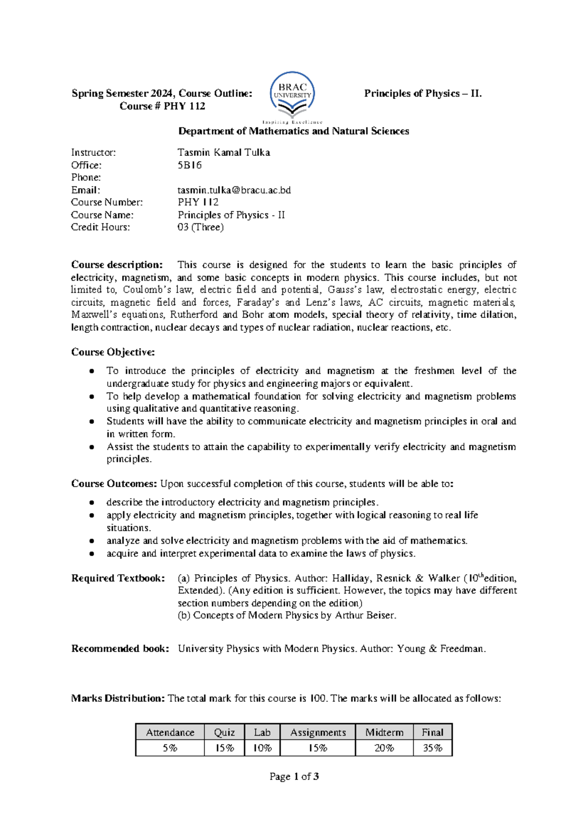 Course Outline for PHY-112: Principles of Physics II - Spring 2024 ...