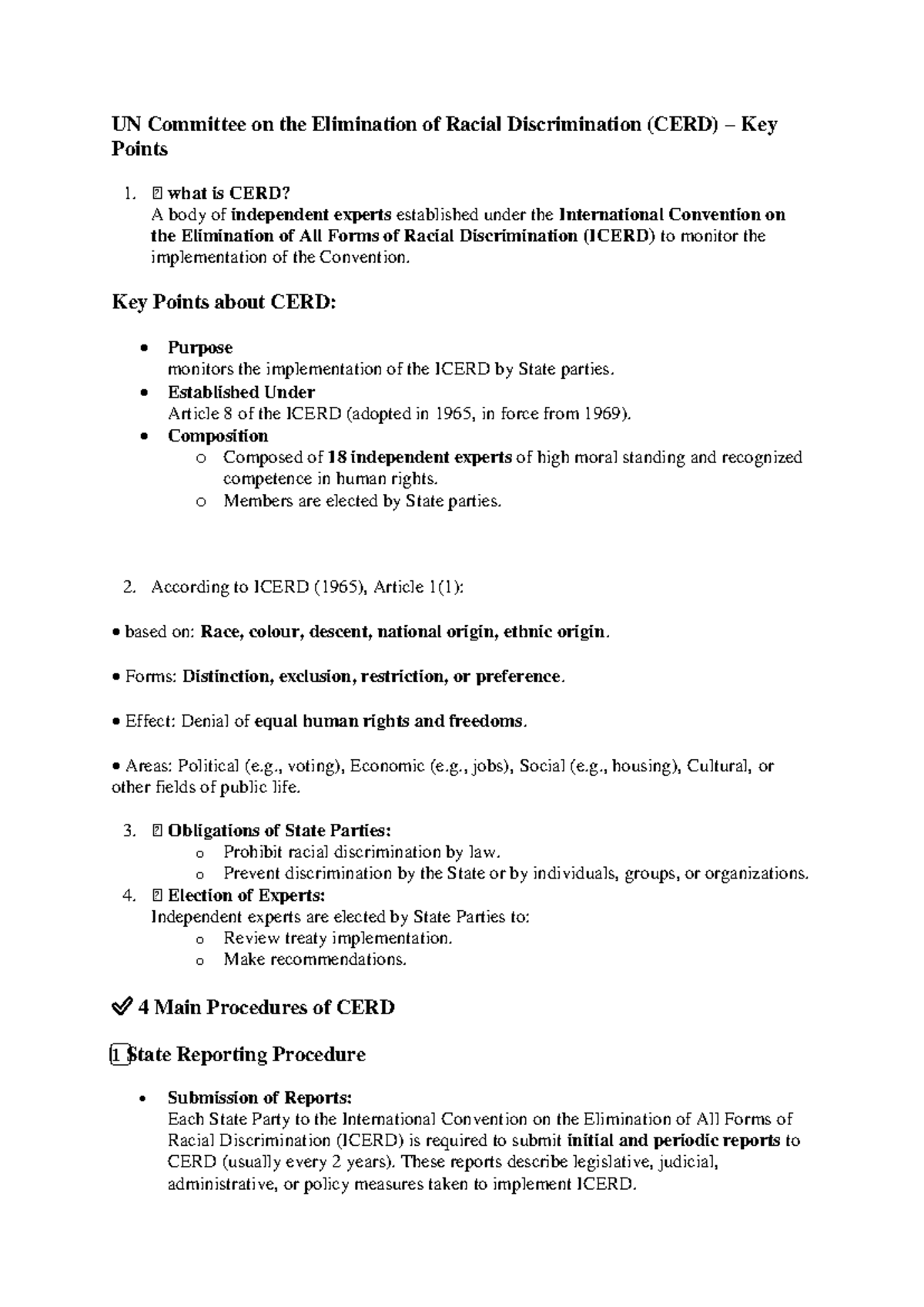 Key Points on UN CERD: Monitoring Racial Discrimination - Studocu
