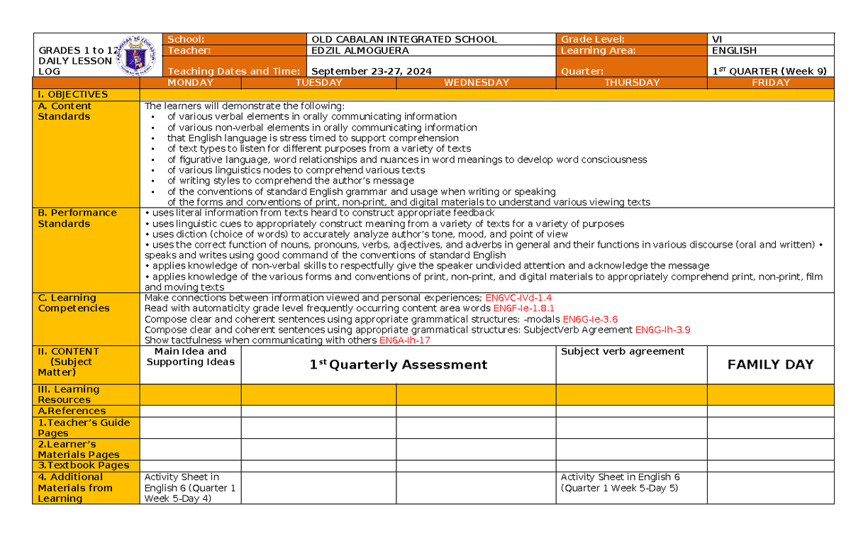 DLL English 6 Q1 W9 - Daily Lesson Log Overview and Activities - Studocu