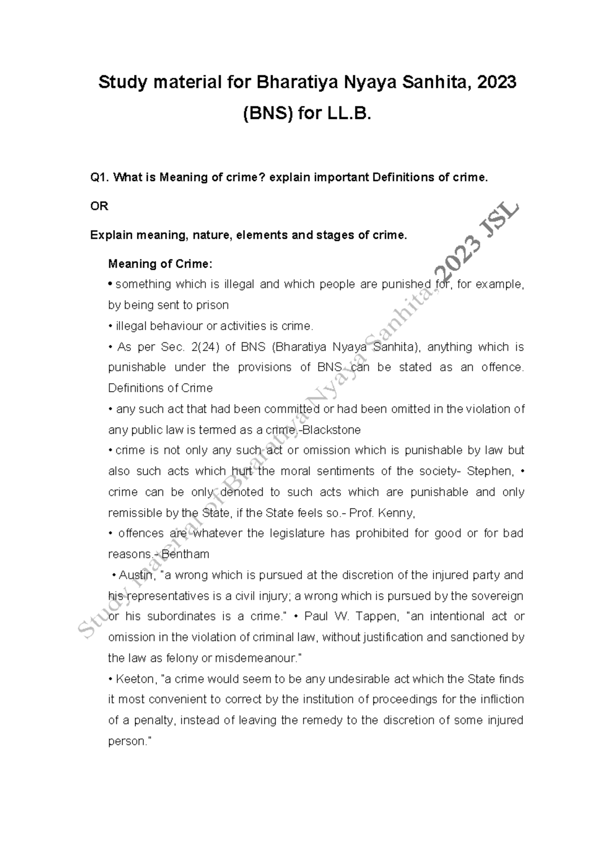 BNS 2023: Comprehensive Study Notes on Crime and Mens Rea for LL.B ...