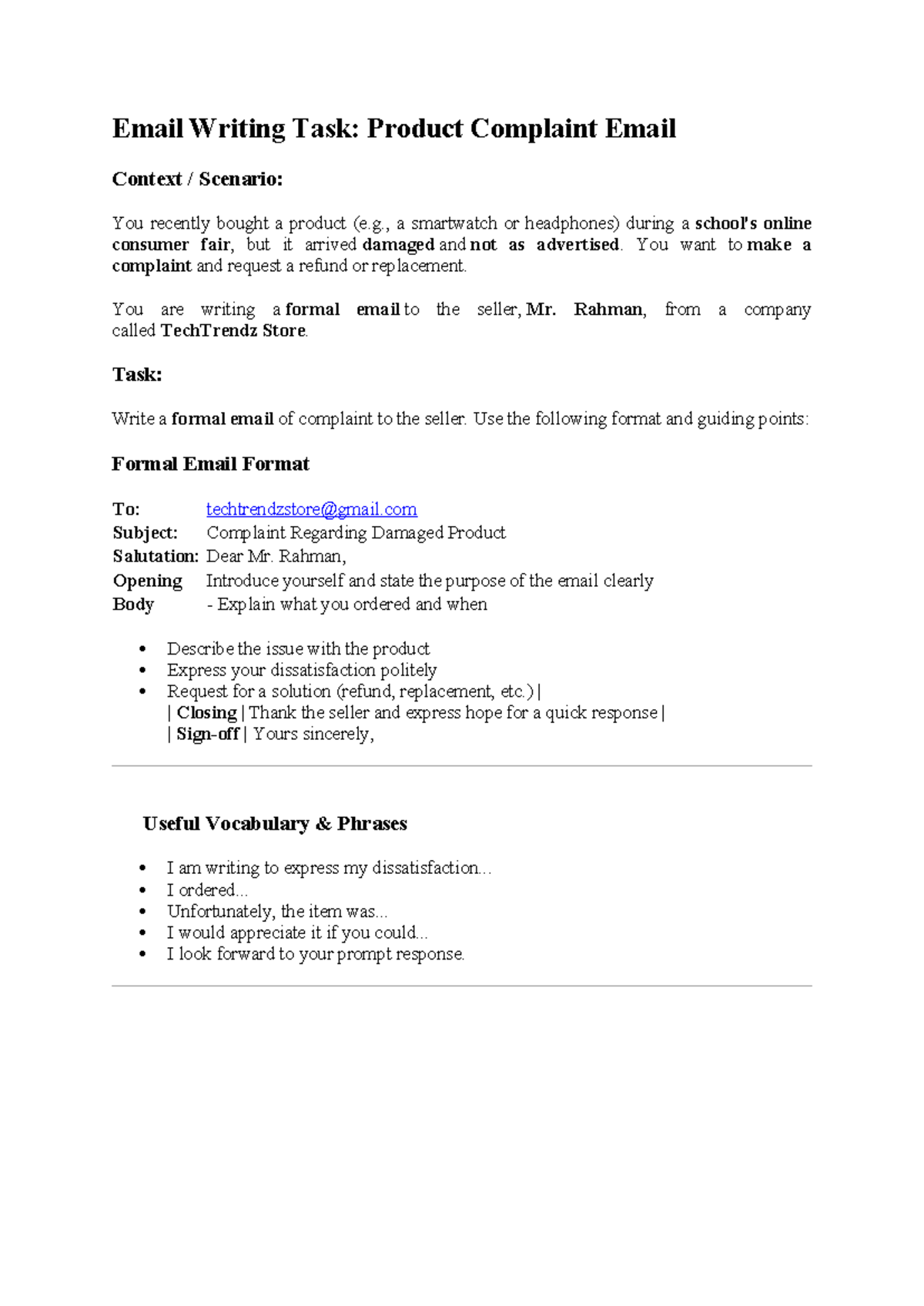 Email Writing Task: Formal Complaint to TechTrendz Store - Studocu