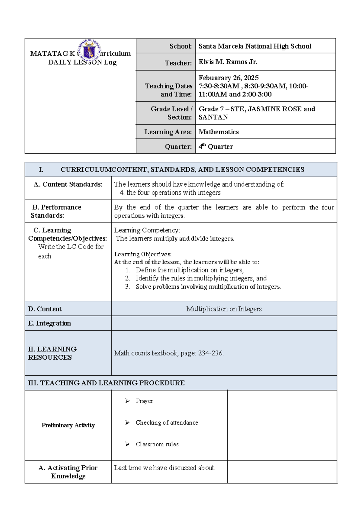 DLP - Lesson Plan for Grade 7 Mathematics on Multiplying Integers - Studocu