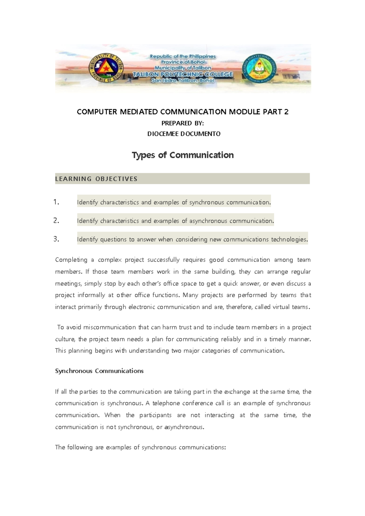 Computer Mediated Communication Module Part 2: Understanding Types ...
