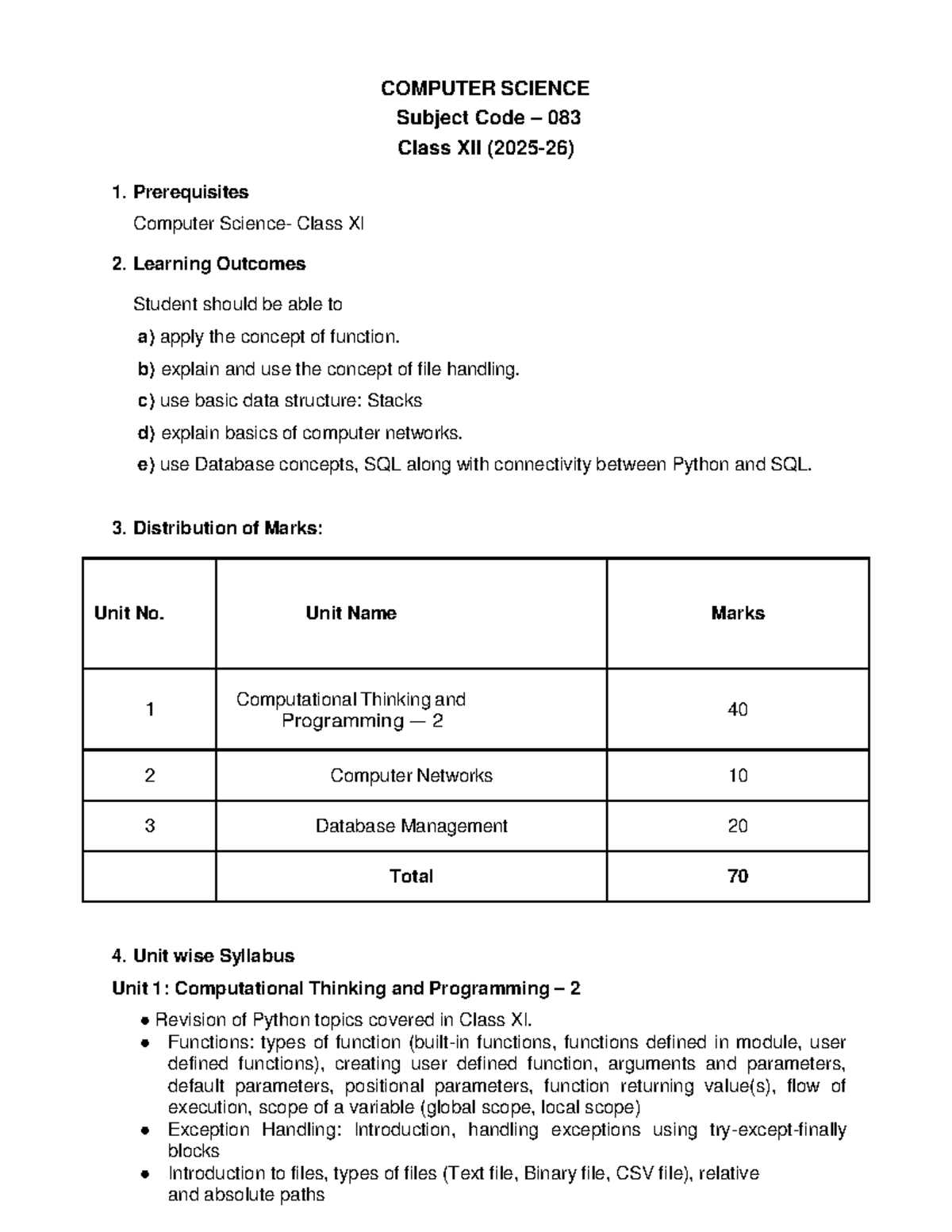 XII-083 Sr Sec Computer Science Syllabus Overview 2025-26 - Studocu
