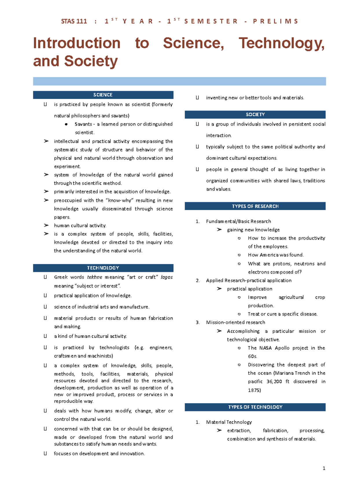 STAS- Prelims- Transes - STAS 111 : 1 S T Y E A R - 1 S T S E M E S T E ...