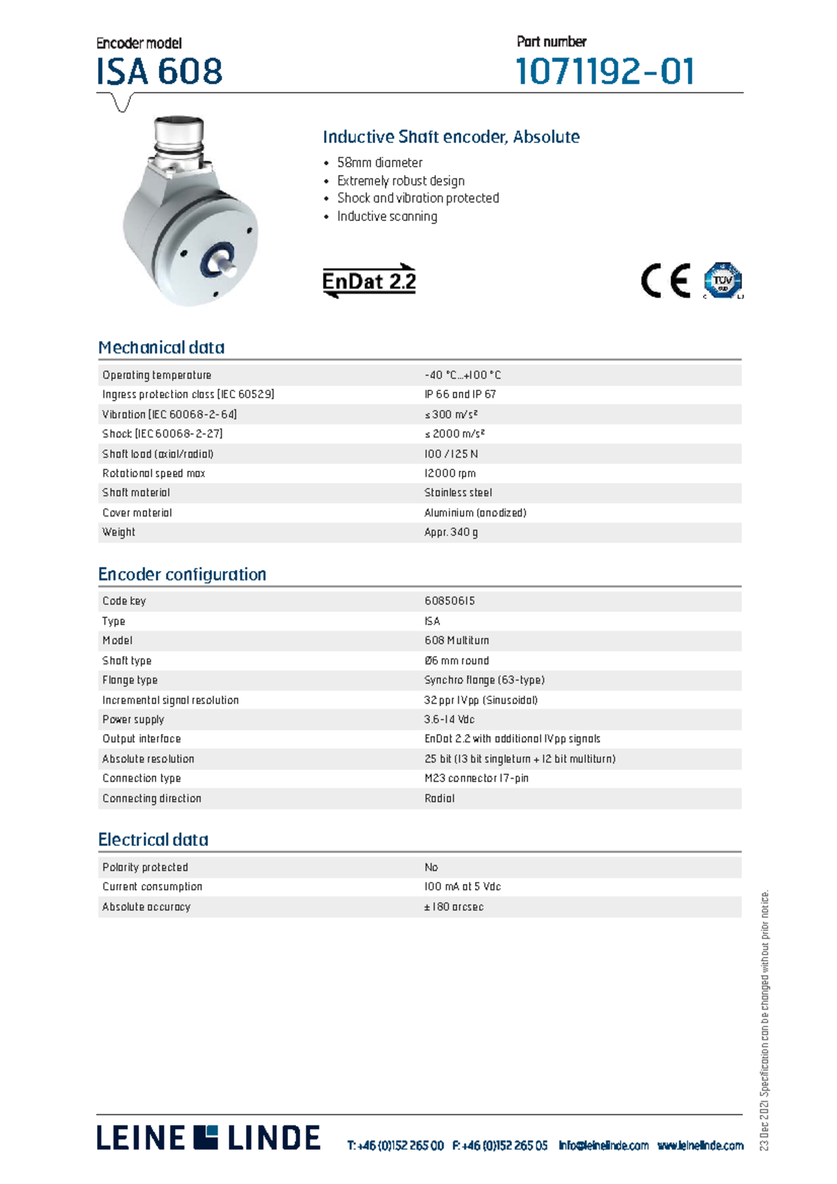 ISA 608 Inductive Shaft Encoder Specifications and Mechanical Data ...