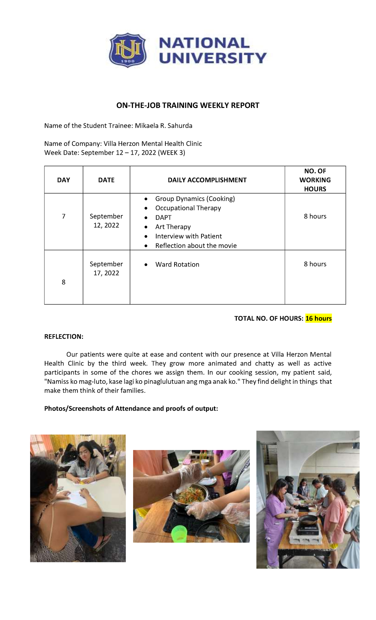 Weekly Report (WEEK 3) - Practicum- Sahurda, Mikaela R - ON-THE-JOB ...