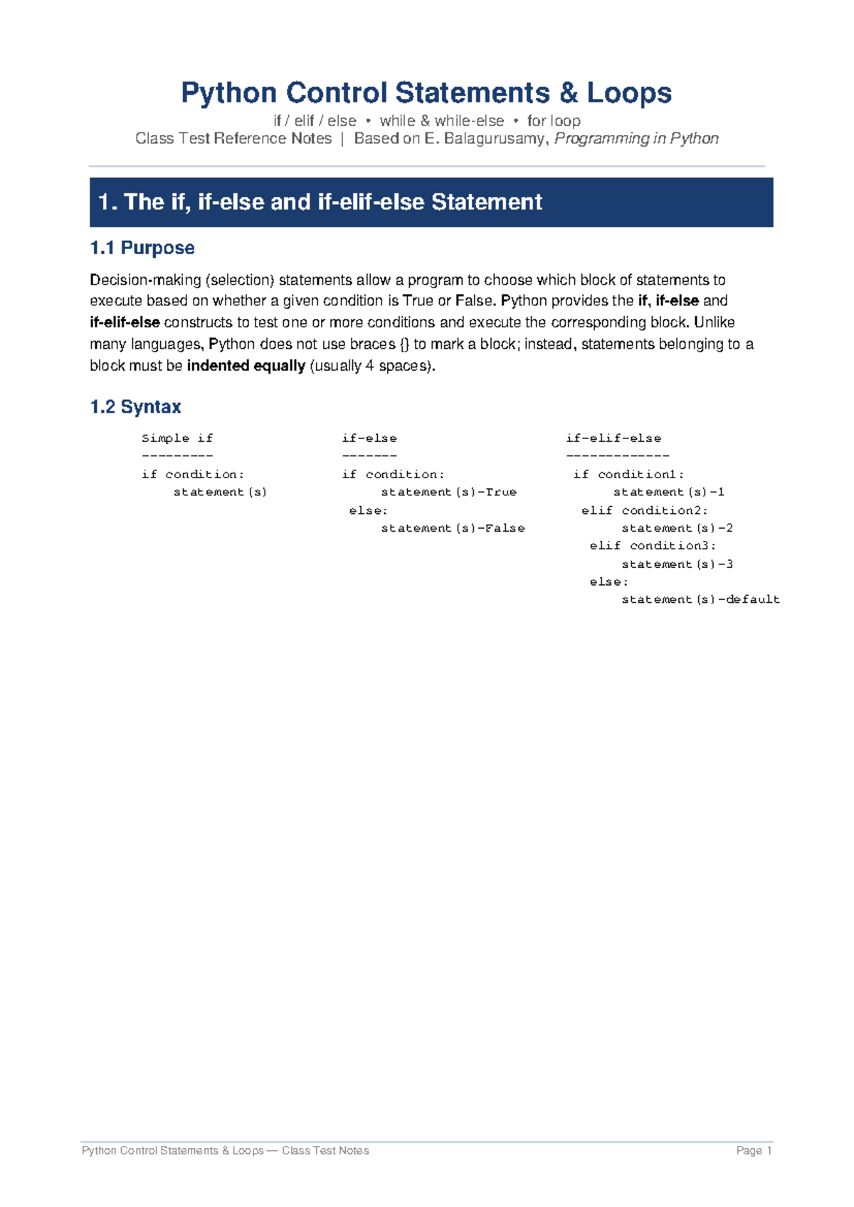 Python Control Statements & Loops Class Test Reference Notes - Studocu