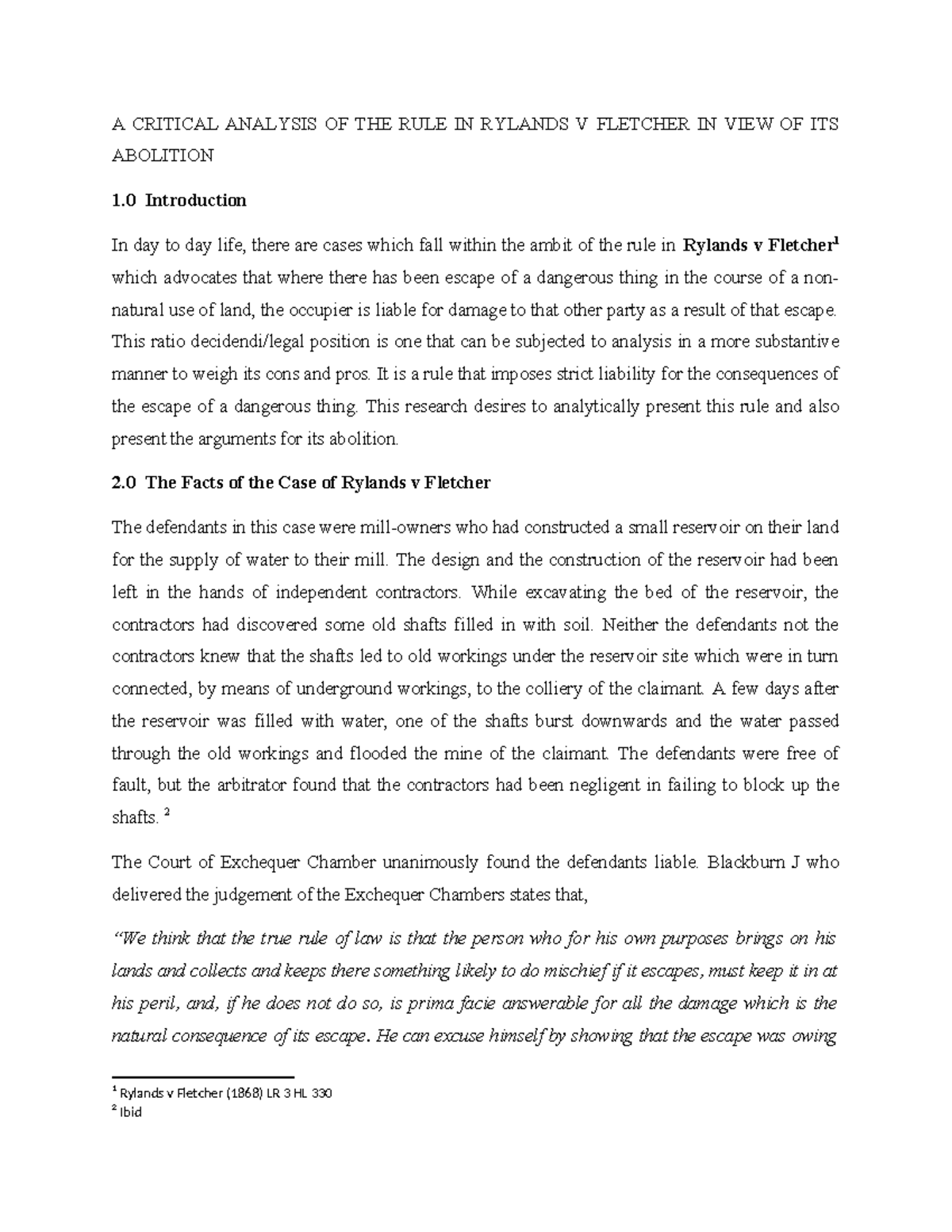 Group 2 Tort Assignment: Critical Analysis of Rylands v Fletcher - Studocu
