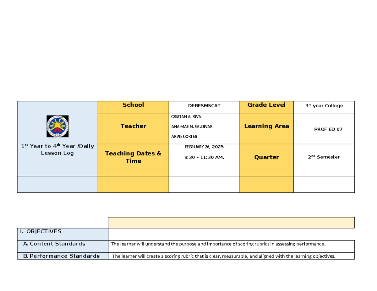 Group 6 Lesson PLAN - 1 st Year to 4th Year /Daily Lesson Log School ...
