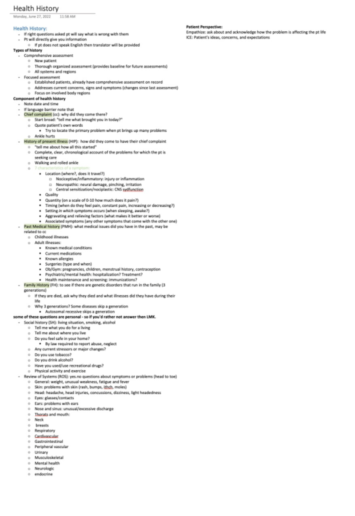 Patient Health History Overview - Health Assessment Notes - Studocu