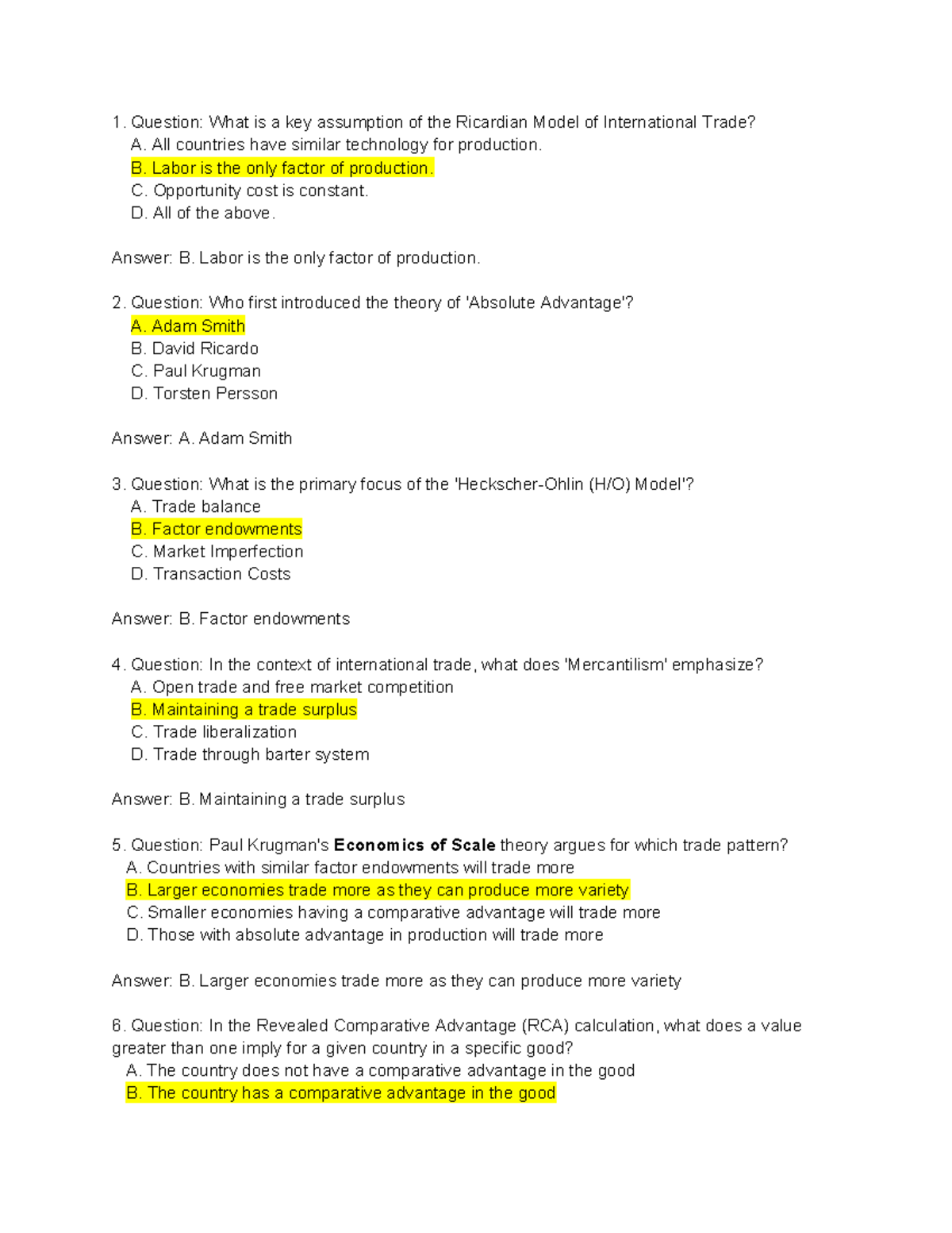 TP U2 MCQ - Key Concepts in International Trade Theories - Studocu