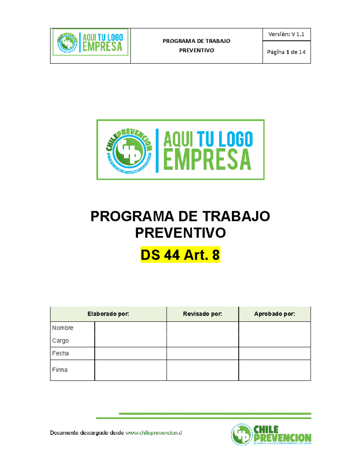 Formato Programa de Trabajo Preventivo DS 44 - Versión 1.1 - Document Preview