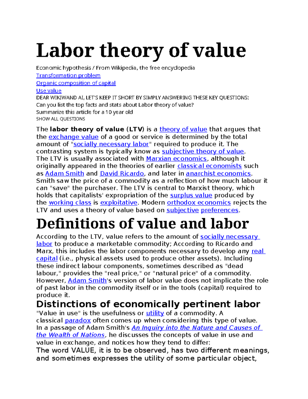 Labor Theory of Value: Key Concepts and Economic Implications - Studocu