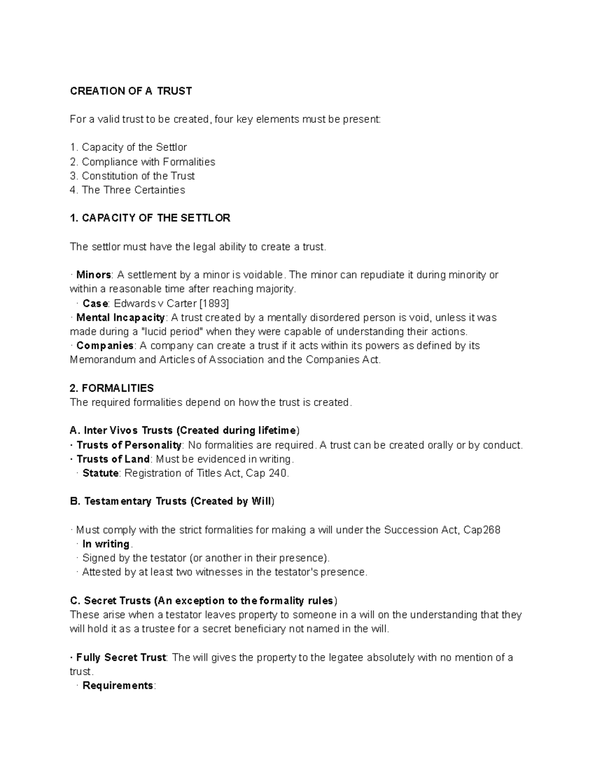 Creation of a Trust: Key Elements and Legal Requirements - Studocu