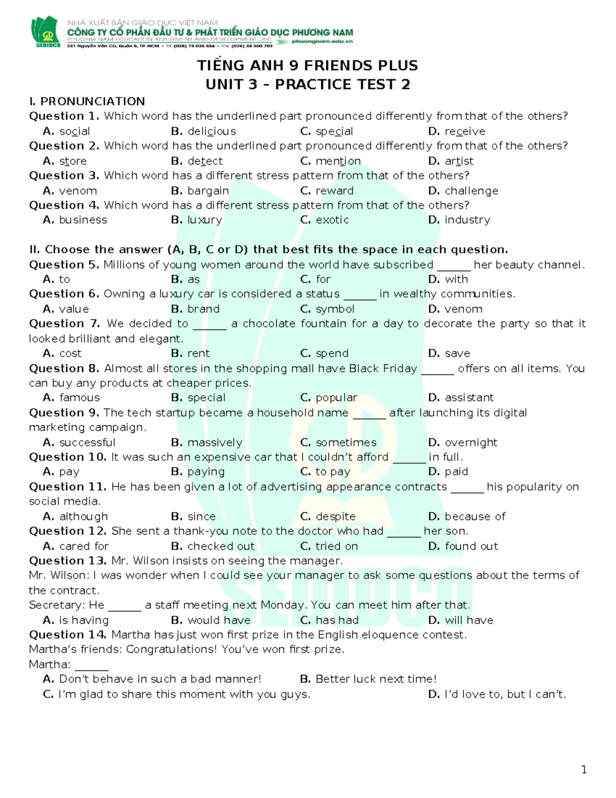 Tiếng Anh 9 Friends Plus Unit 3 Practice Test 2: Pronunciation ...
