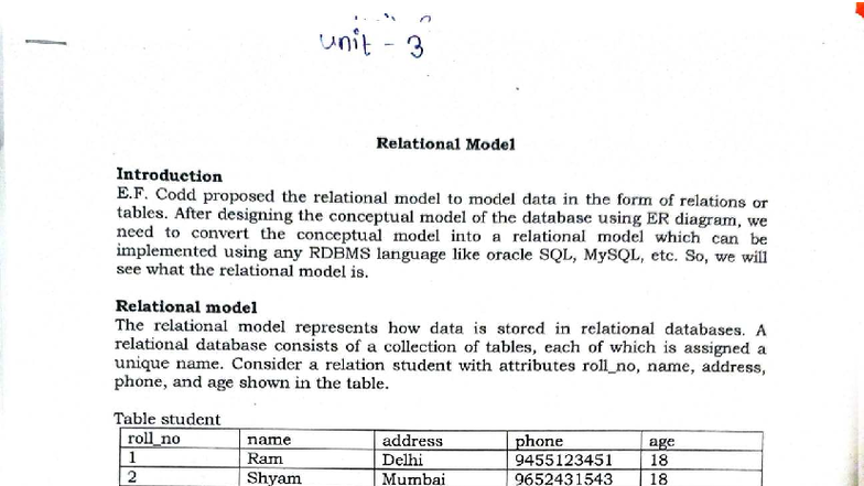 Unit 3: Introduction to Relational Model in DBMS (RDBMS Notes) - Studocu