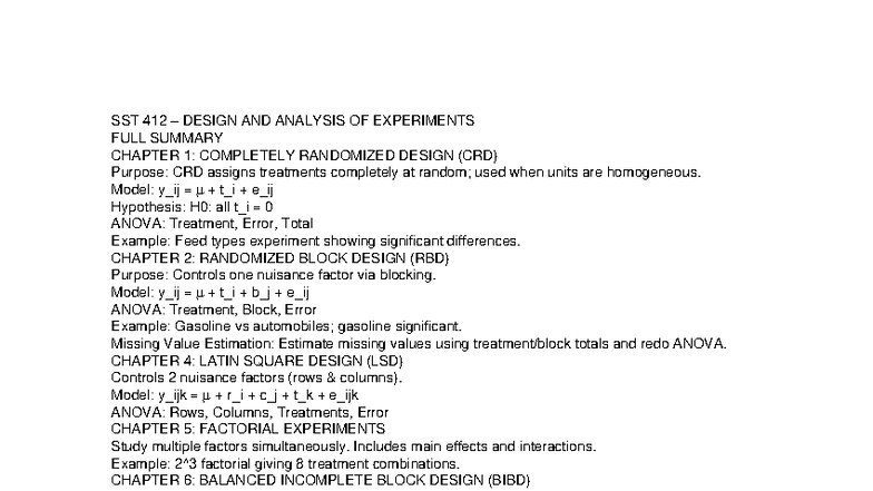 SST 412 Final Exam Summary: Design & Analysis of Experiments - Studocu