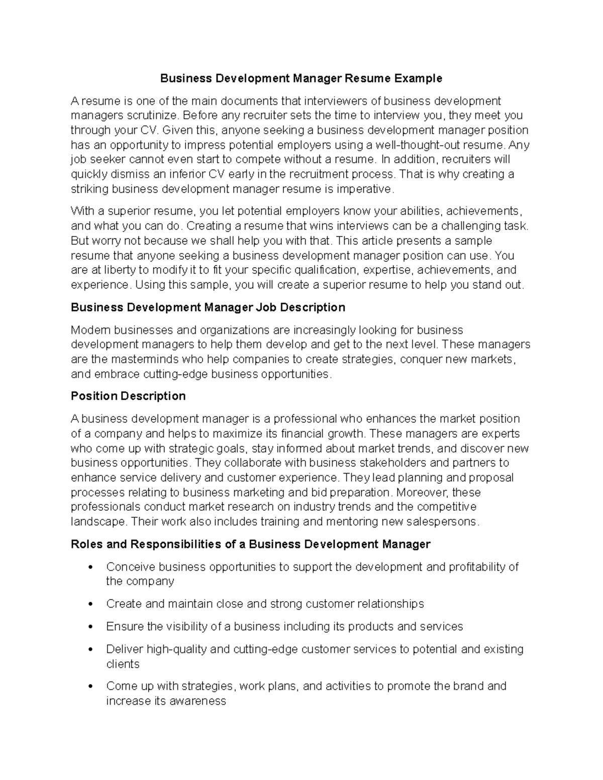 Business Development Manager Resume Sample & Tips for Success - Studocu