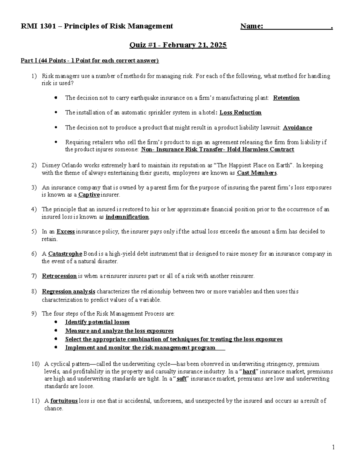 RMI 1301 Principles of Risk Management Quiz - February 21, 2025 - Studocu