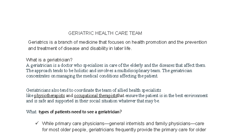 Geriatric Health Care Team Overview: Roles & Responsibilities - Studocu