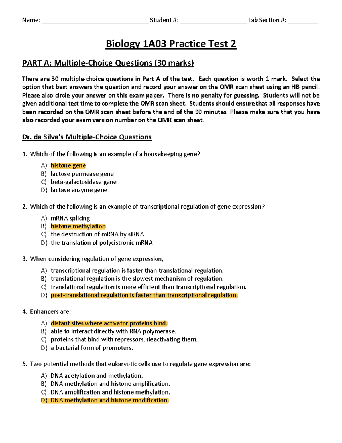 Biology 1A03 Practice Test 2: Questions & Written Answers - Studocu