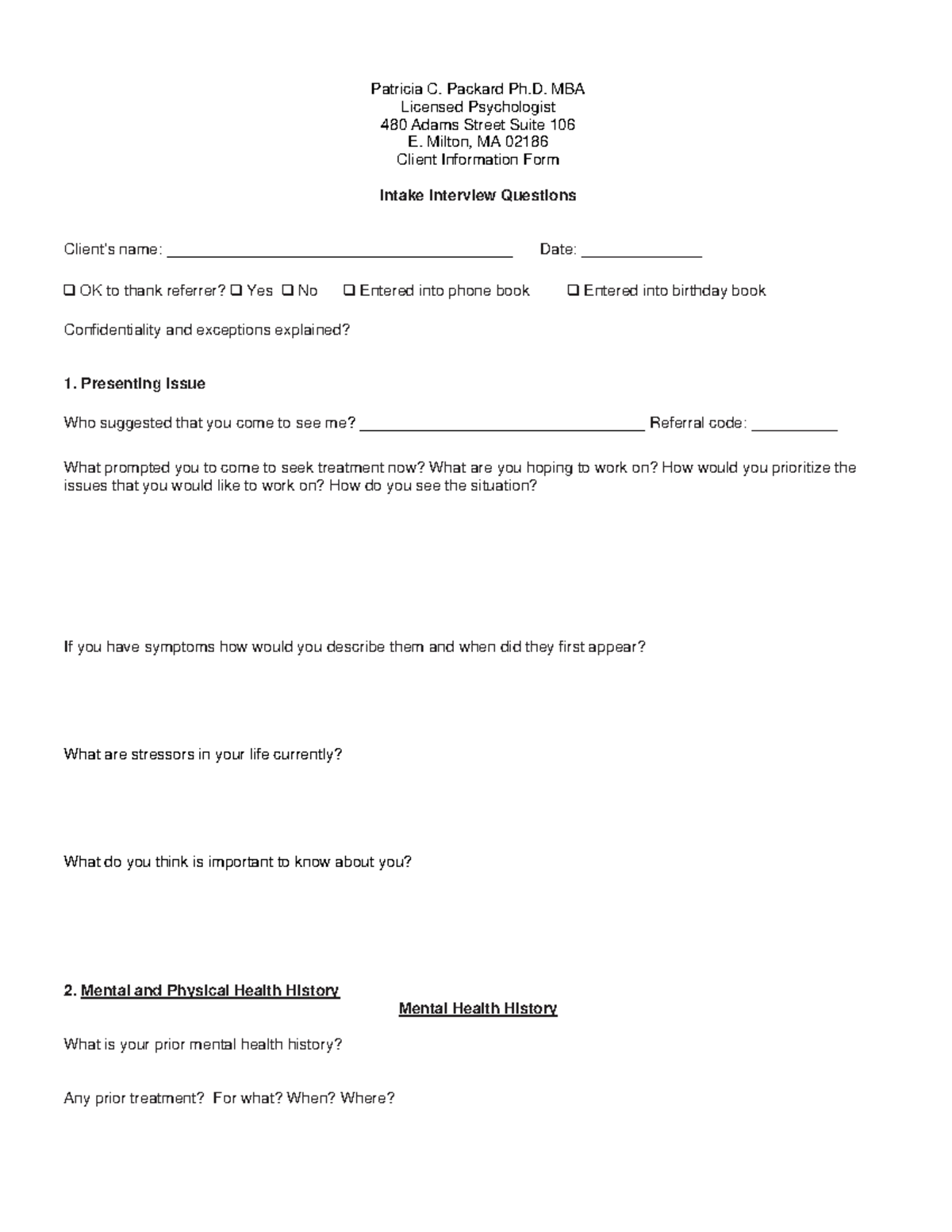 Intake Interview Questions for Client Information Form - Psych 480 ...