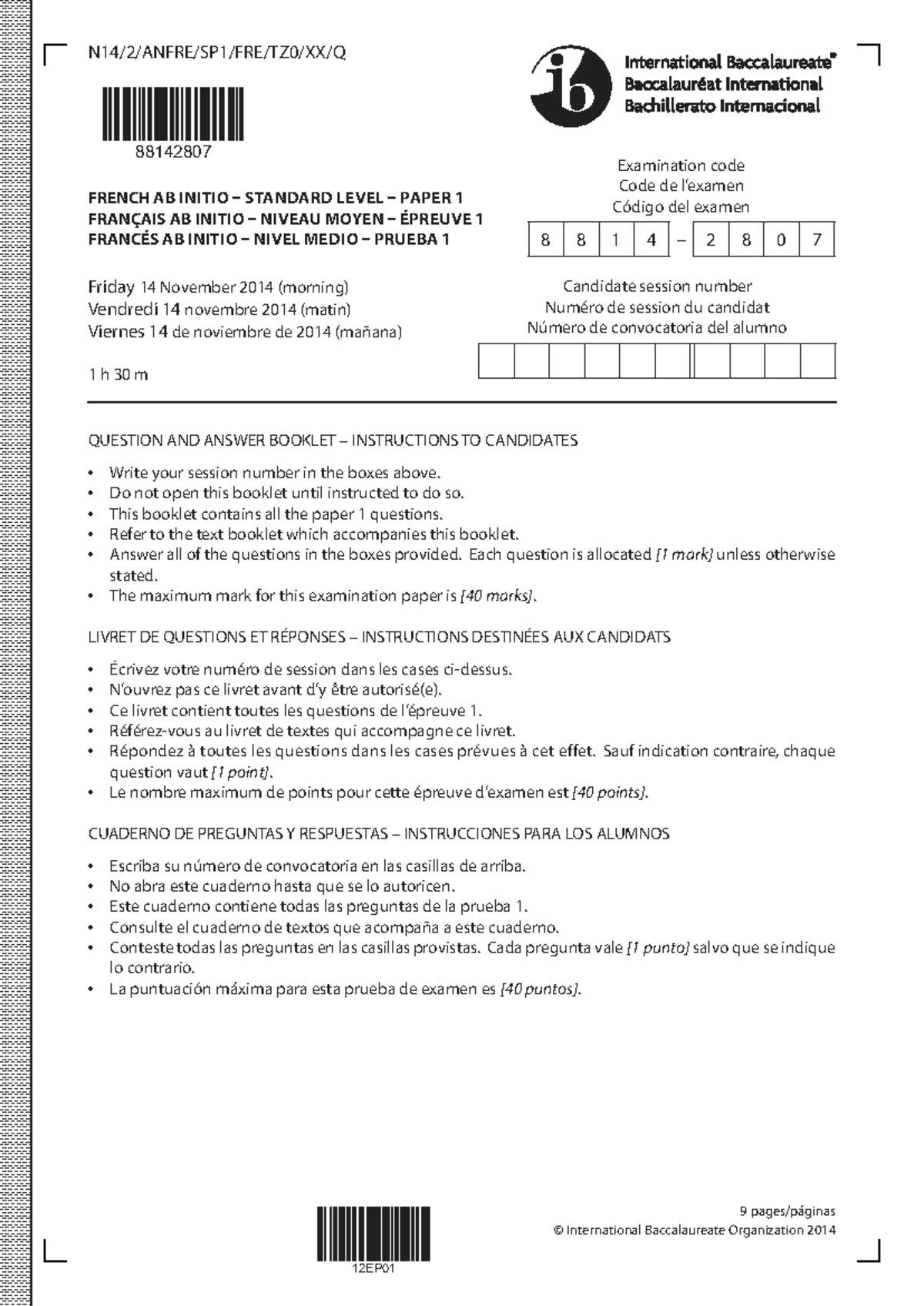 88142807 FRENCH AB INITIO SL PAPER 1 QUESTION BOOKLET - Studocu