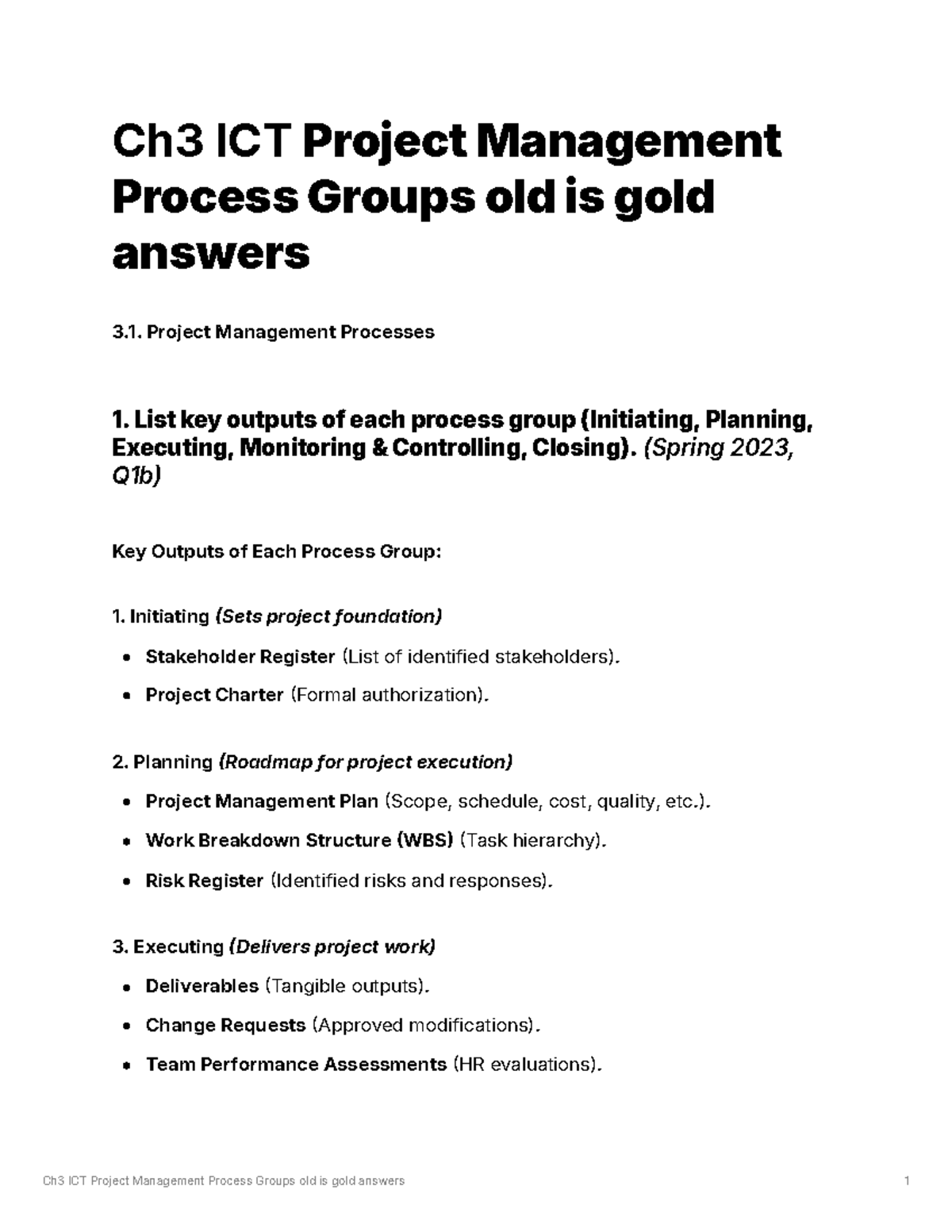 Ch3 ICT Project Management Process Groups: Key Outputs & Procurement ...