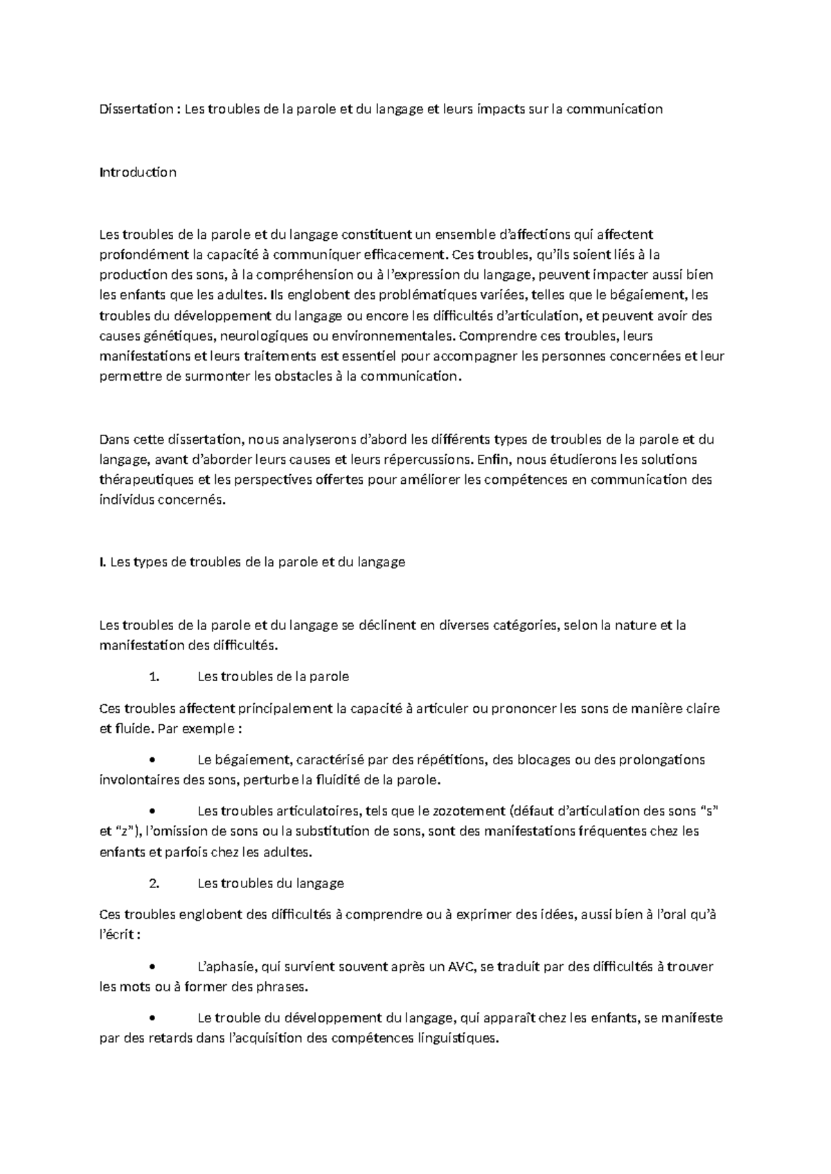 Dissertation : Les troubles de la parole et du langage en communication ...