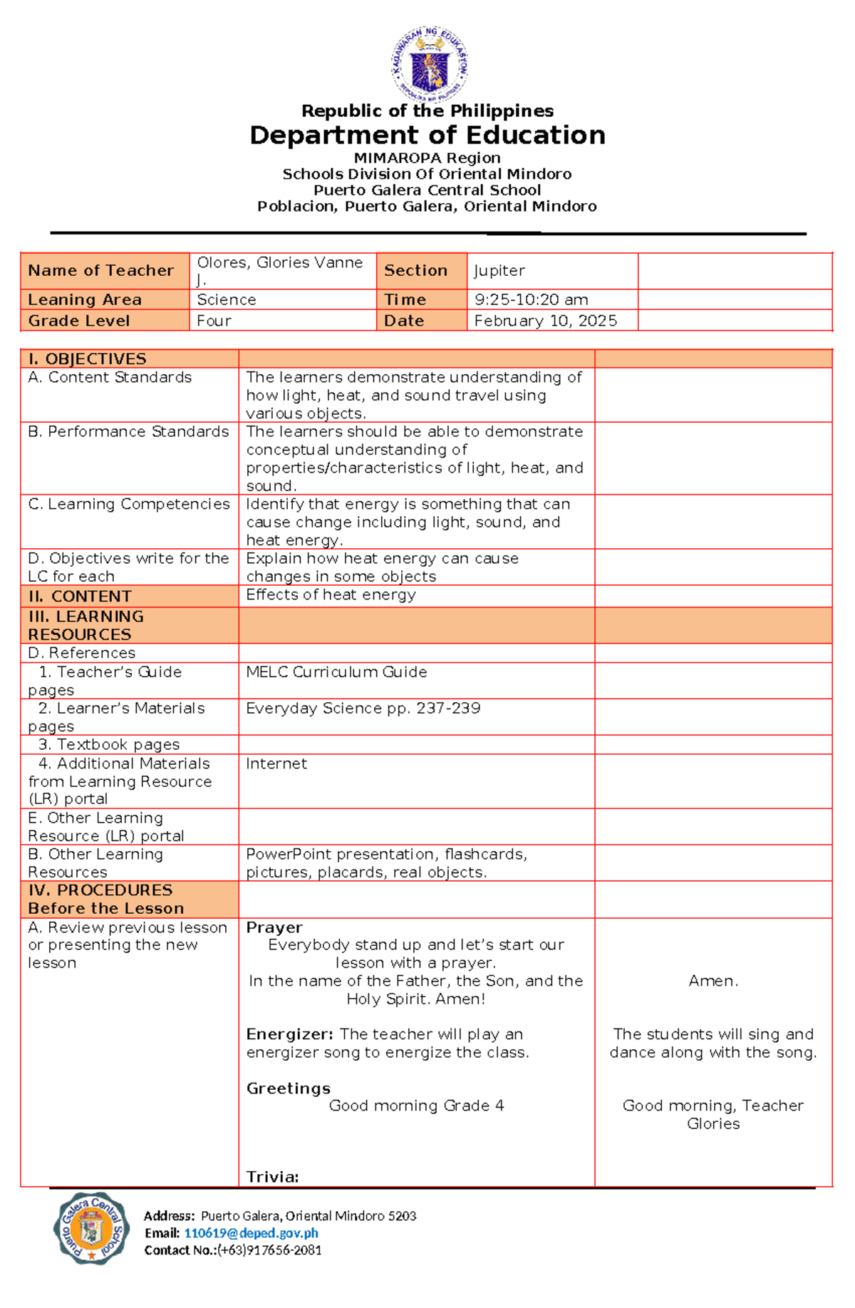 Science 4 Regular Dlp Detailed Lesson Plan On Heat Energy Changes