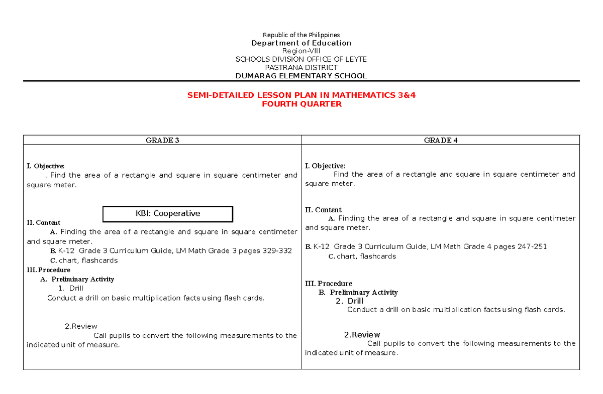 DLP for COT: Grade 3 Math Lesson Plan on Area (4th Quarter) - Studocu