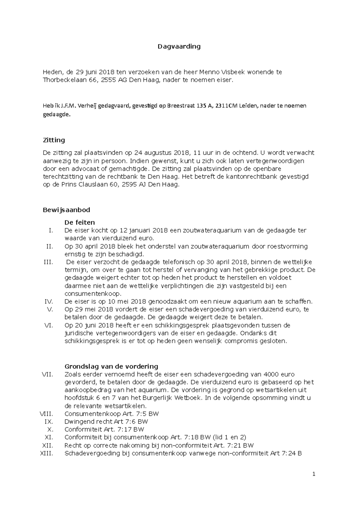 CIVIL LAW CASE: Dagvaarding en Vordering van Schadevergoeding - Studeersnel
