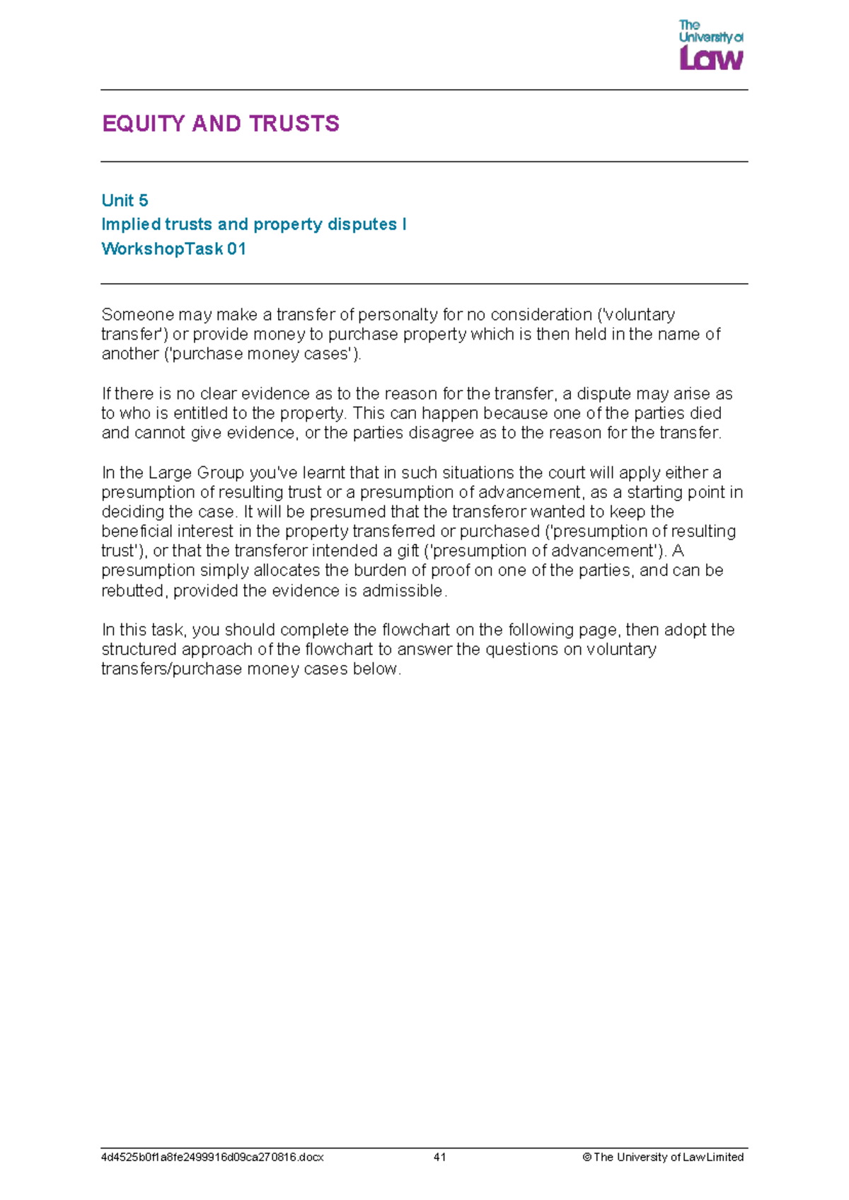 EQUITY AND TRUSTS 2425 EQTR U05A CE01 Workshop Task 01: Implied Trusts ...