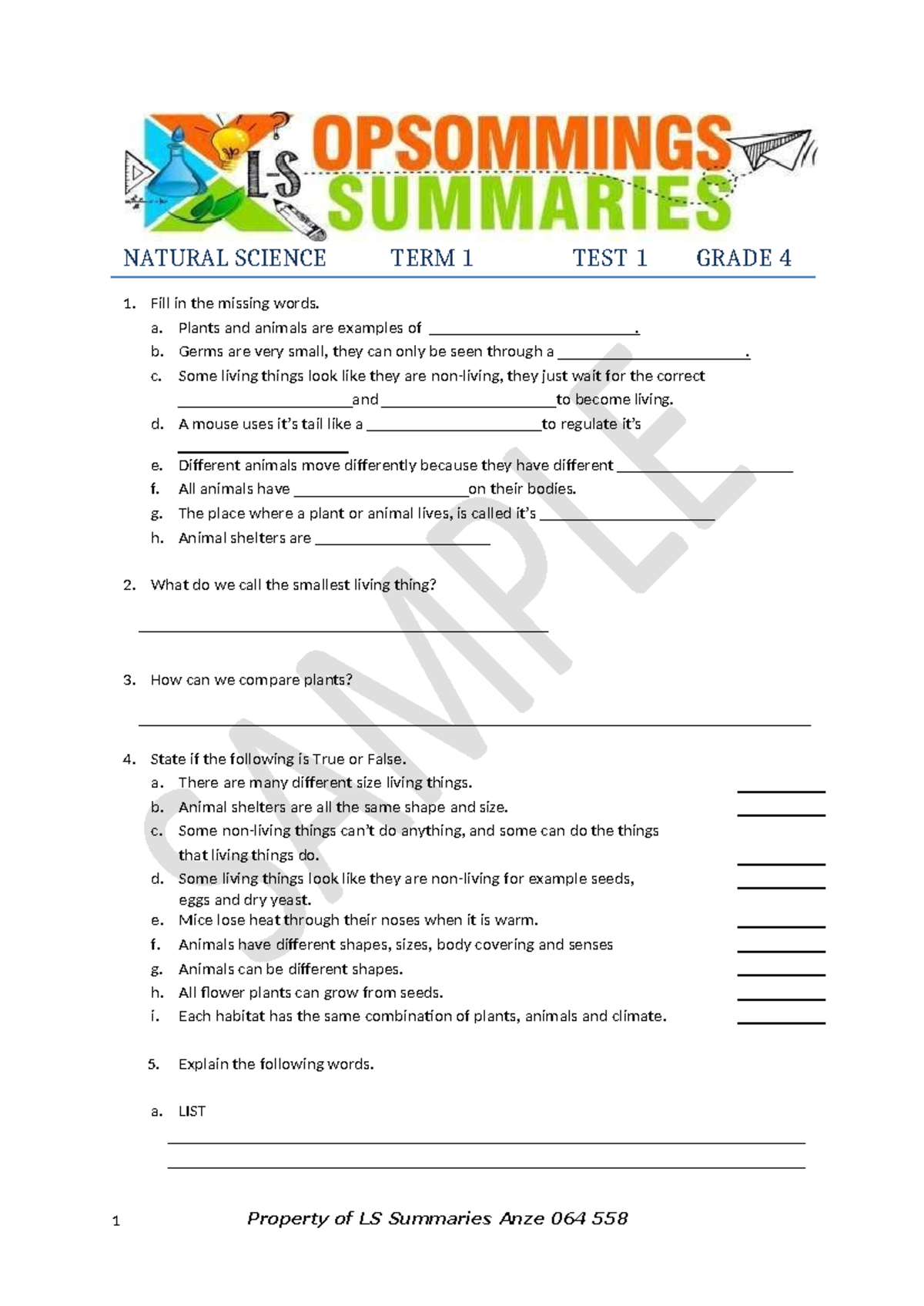 NS Grade 4 Natural Science TERM 1 & 2 TESTS Overview - Studocu