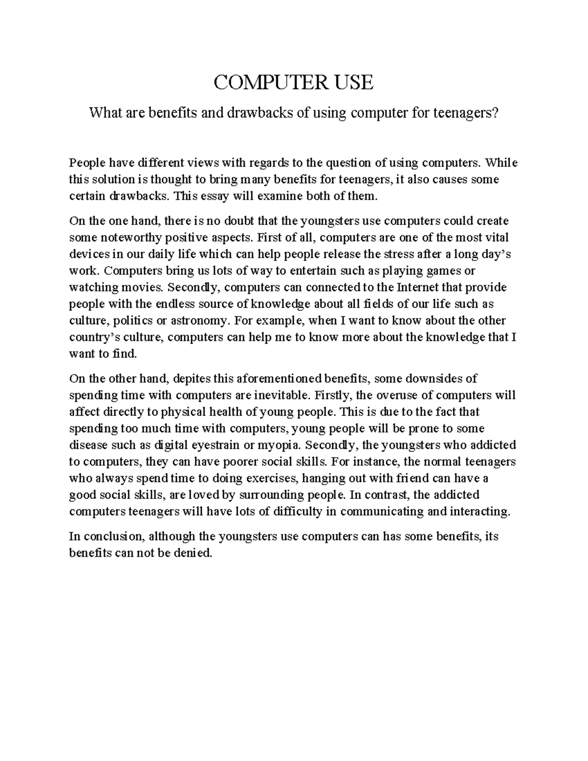 Computer USE 1 - Summary of Benefits and Drawbacks of Computer Use ...
