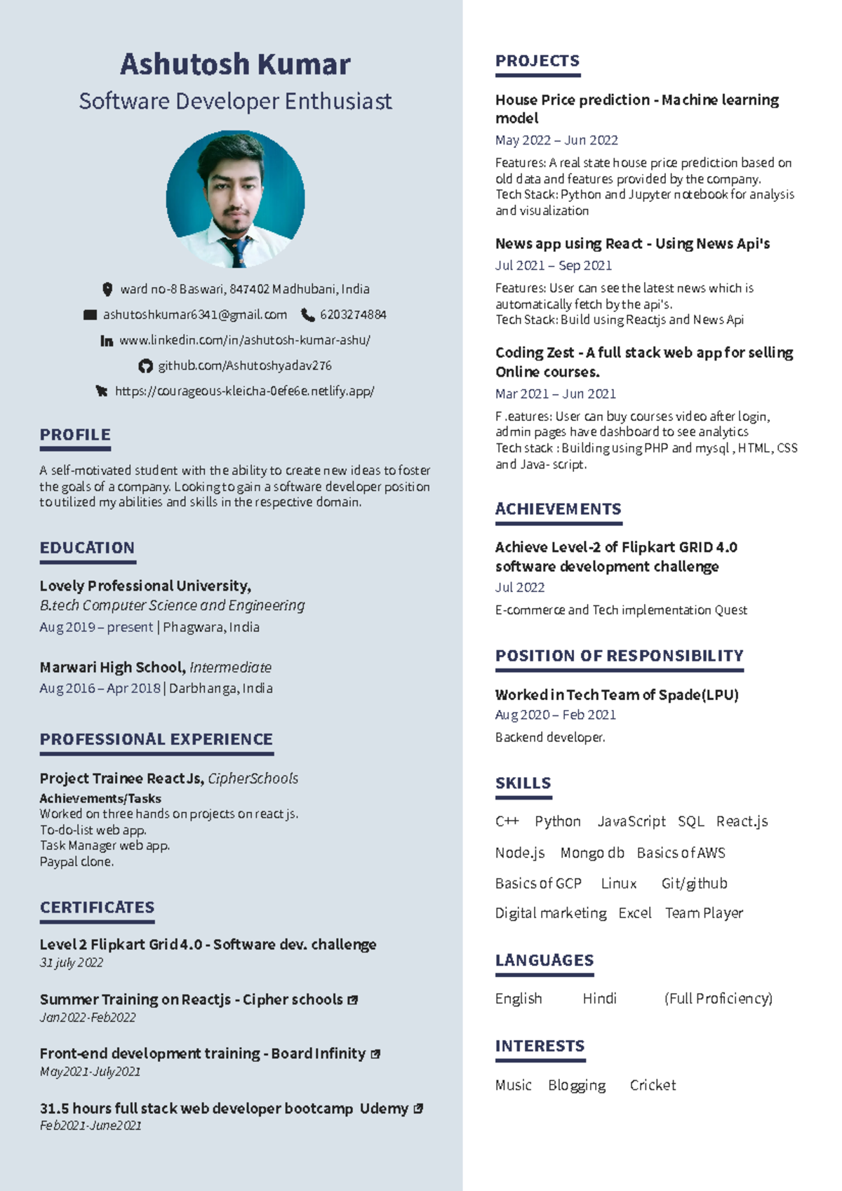 Ashutosh Kumar - Software Developer Resume & Projects Overview - Studocu